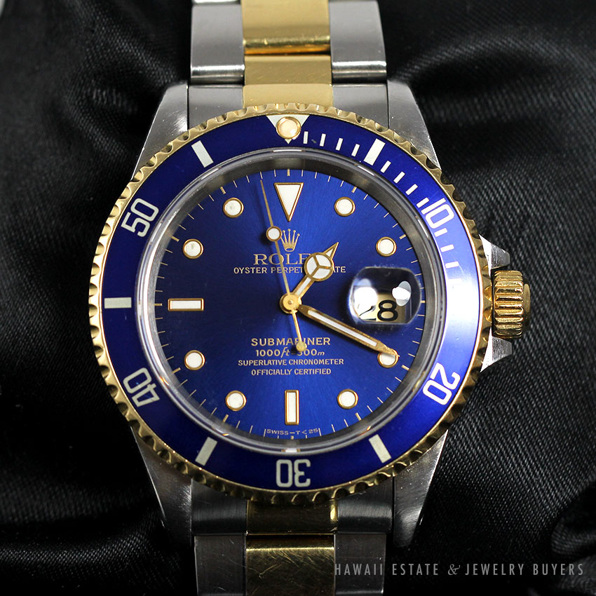 ROLEX SUBMARINER 40MM 16613 BLUE STAINLESS STEEL 18K YELLOW GOLD TWO ...