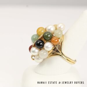 Ming's Multi-color Jade & Pearl Cluster 14K Yellow Gold Ring Size 9.5